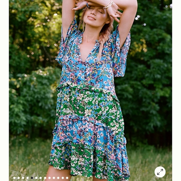 Anthropologie Robin Tiered red yellow floral mini sundress short sleeves Large - Picture 10 of 16